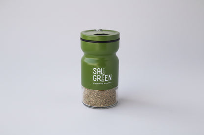 Green jar for spices  with 'SaliGreen' branding on a white background