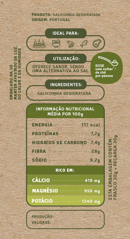 Nutritional information label for Dehydrated salicornia on a brown background