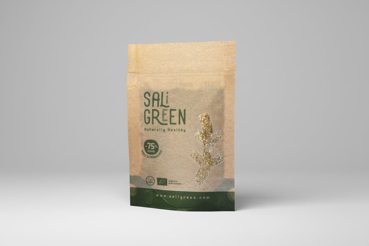 Kraft paper packaging with 'SaliGreen' branding on a white background