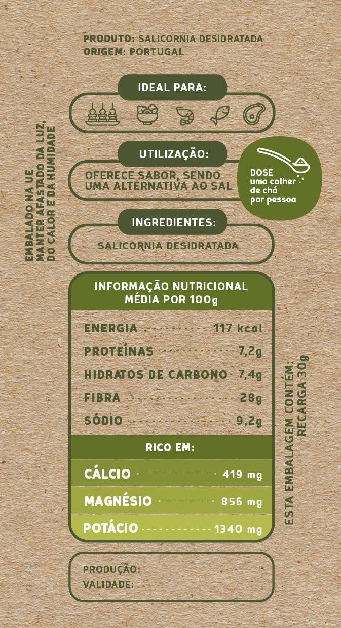 Nutritional information label for Dehydrated salicornia refill  on a brown background