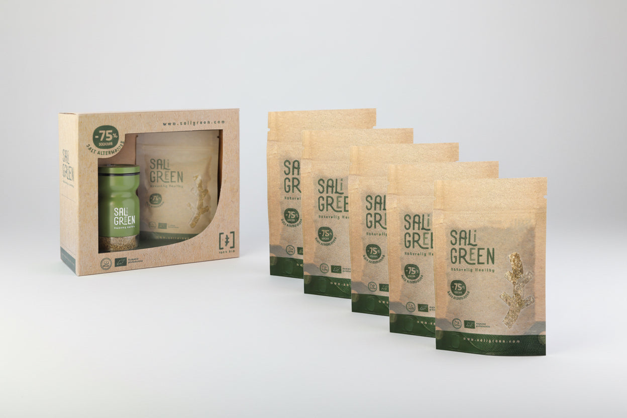 Conjunto com 1x Caixa e 5x pacote de refil de 30g – Salicórnia desidratada